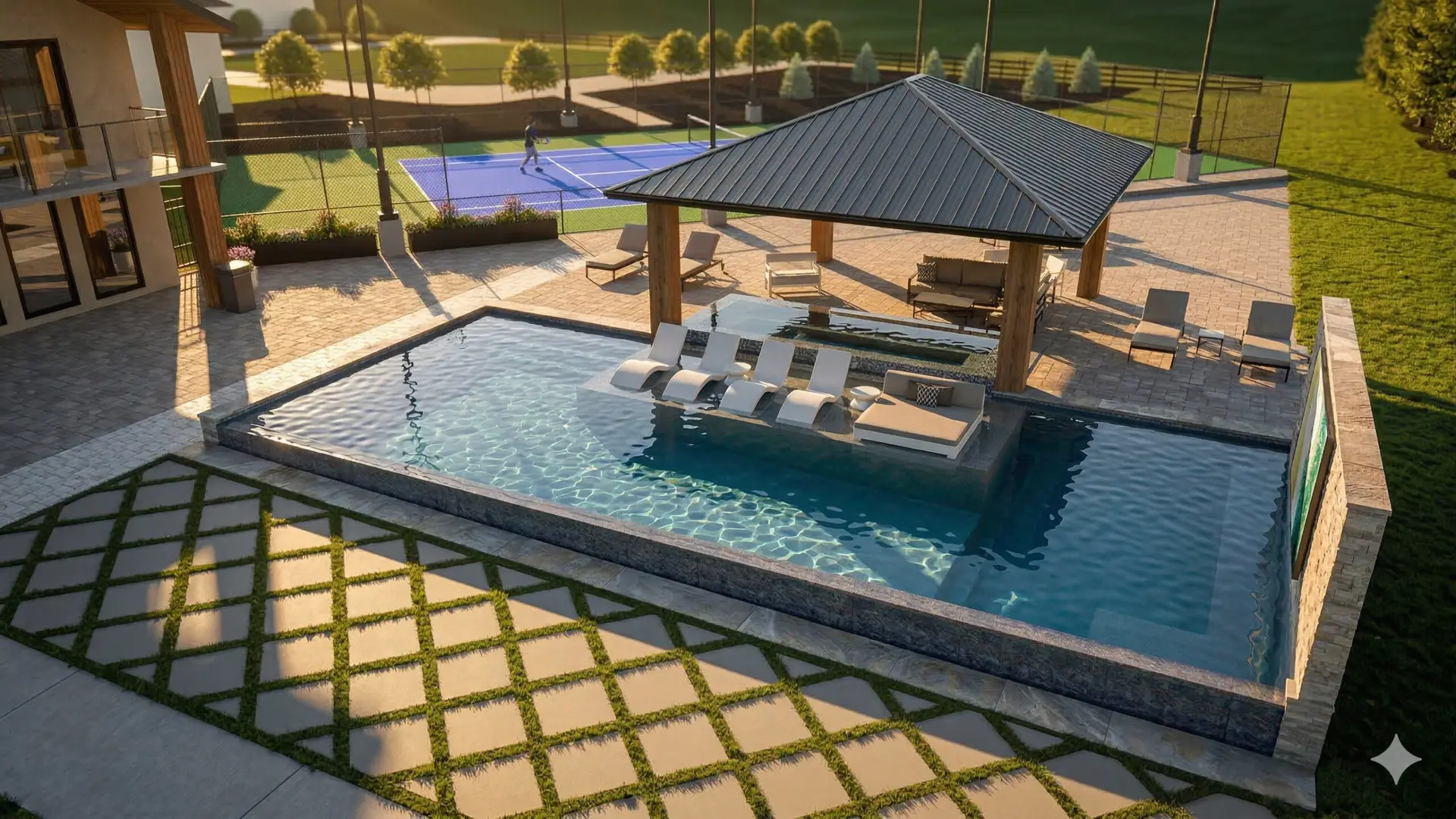 Custom water feature cascading into a luxury swimming pool surrounded by natural stone